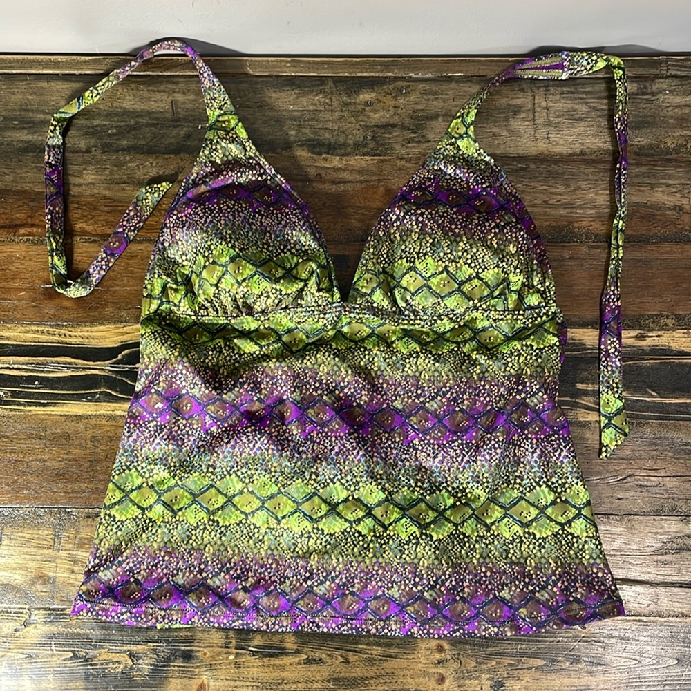 La Vie En Rose Aqua open tie back Tankini.  Reptile green and gold size medium